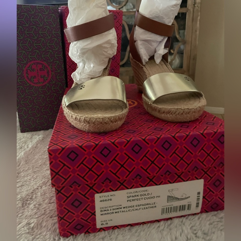 Tory Burch Bima Espadrille Wedge 90mm Heel Spark Gold Perfect Cuoio 711 Sz 8.5 M